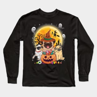 Pug Dog Mummy Witch Moon Ghosts Happy Halloween Thanksgiving Merry Christmas Day Long Sleeve T-Shirt